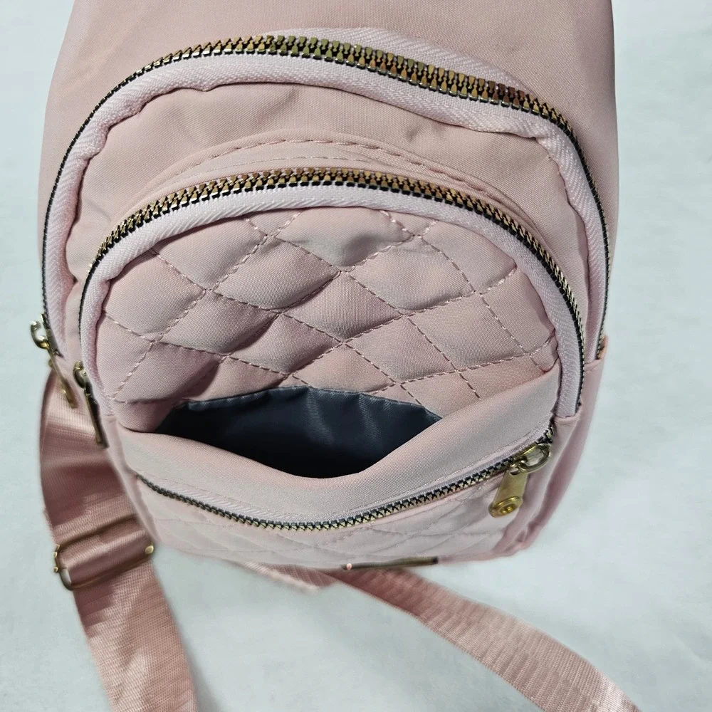 Fashion JINGPIN Creations Pink Quilted Nylon Sling Bag Crossbody Backpack